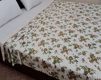 Premium Floral Handmade Kantha Bedcover Bedding Quilt Hand Block Floral Design Hand block Floral Print Kantha Quilt Floral Block print quilt