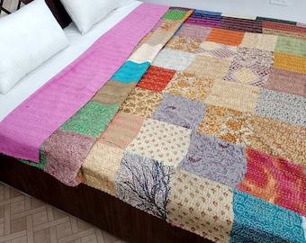 Patchwork Floral Kantha Bedding Floral Print Kantha Throw Queen Quilt Cotton Light Weight Winter Summer Vintage Blanket Bedding Bedspread