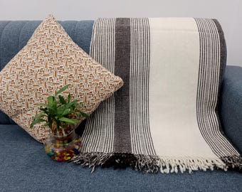 Indian Wool Throw Blanket, Handwoven Sofa Bobo Throw Designer Decorative Blanket for Living Room, Cottage Décor Gift For Home Decor