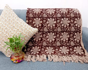 Premium Handmade Sofa Throw, Handblock Print Cotton Blanket, Lightweight Decorative Throw with Tassels, Hand Loomed for Sofa & Room Décor