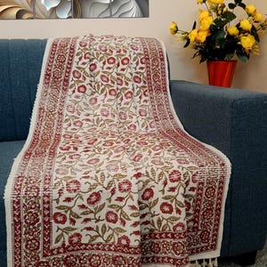 Handmade Sofa Throw block print Throw Cotton Throw Blanket Sofa Room Decor Tassels Hand Loomed Lightweight Woven Decorative Throw