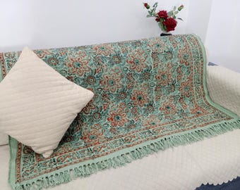Premium Handmade Sofa Throw, Hand block Print Soft Cotton Blanket Room Décor Tassels Hand Loomed Lightweight Decorative Boho Bedding throw