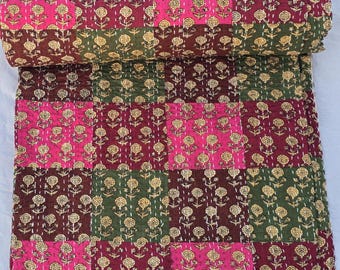 Reversible Floral Kantha Quilt - Queen Size, Lightweight Cotton Bedding