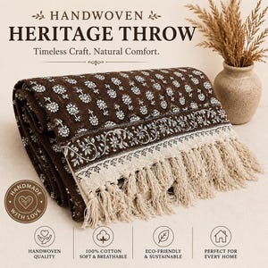 Tassel Throw Blanket Handwoven bohemian Brown Floral Handmade Handblock Print Cotton with