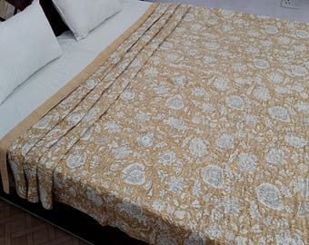 Kantha Bedcover Bedding Quilt Hand Block Floral Design Handblock Floral Print Kantha Throw Quilt Light Weight Block Print Quilted