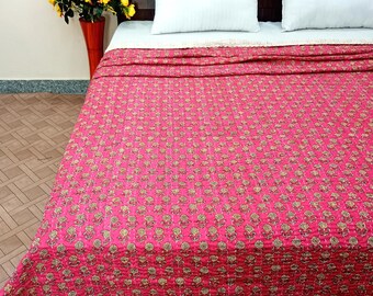 Kantha Bedcover Bedding Quilt Hand Block Floral Design Handblock Floral Print Kantha Throw Quilt Light Weight Block Print Quilted