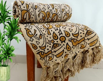 Premium Handmade Sofa Throw Hand block Print Soft Cotton Throw Room Décor Blanket Tassels Hand Loomed Lightweight Decorative Christmas Throw