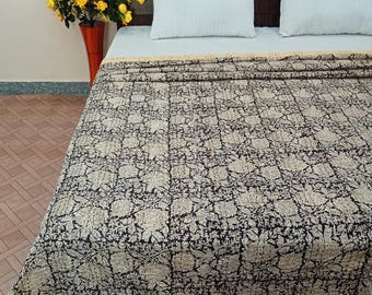 Hand Block Floral Kantha Quilt - Lightweight Cotton Bedcover