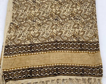 Luxury Beige and Brown Floral Hand Block Print Cotton Sofa Throw Soft Cotton Blanket Sofa Room Décor Tassels Hand Loomed Lightweight Throw