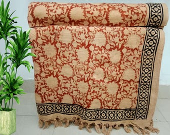 Premium Handmade Sofa Throw, Hand block Print Soft Cotton Throw Blanket Sofa Room Décor Tassels Hand Loomed Lightweight Decorative throw