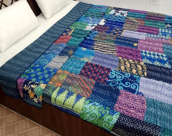 Patchwork Floral Kantha Bedding Floral Print Kantha Throw Queen Quilt Cotton Light Weight Winter Summer Vintage Blanket Bedding Bedspread