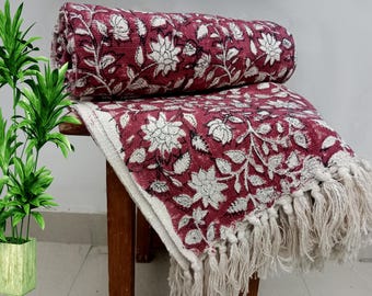 Premium Handmade Boho Sofa Throw Hand block Print Cotton Boho Bedding Throw Sofa Room Décor Tassels Hand Loomed Lightweight Decorative Throw