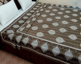 Brown Kantha Bedcover Bedding Quilt Hand Block Floral Design Handblock Floral Print Kantha Throw Quilt Light Weight Block print quilt