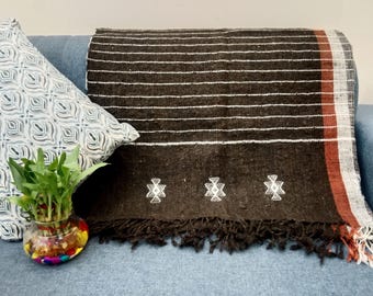 Premium Indian Wool Throw Blanket Brown Woven Wool Throw Designer Decorative Throw Handmade Handwoven Sofa Throw Cottage Living Room Décor