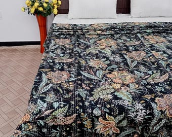 Kantha Bedcover Bedding Quilt Hand Block Floral Design Handblock Floral Print Kantha Throw Quilt Light Weight Block print quilt