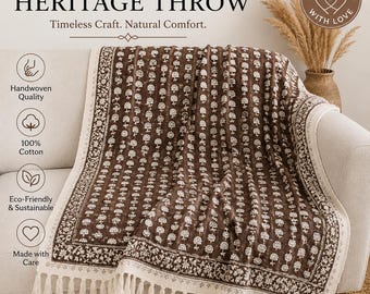Brown Floral Handmade Handblock Print Cotton Throw Blanket with Tassels