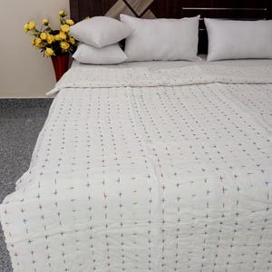 Luxury Organic Cotton Kantha Quilt, Handmade Indian Bedding, Solid Queen Blanket, Soft Bedspread Eco-Friendly Throw for Home & Bedroom Decor