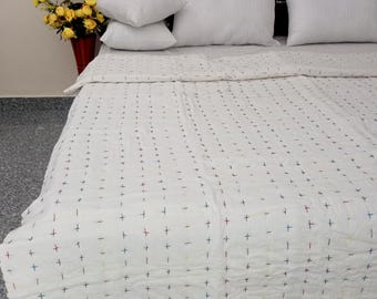 Luxury Organic Cotton Kantha Quilt, Handmade Indian Bedding, Solid Queen Blanket, Soft Bedspread Eco-Friendly Throw for Home & Bedroom Decor