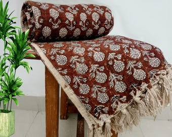Luxury Valentine's Day Gift, Handmade Sofa Throw Hand Block Print Throw Cotton Blanket Sofa Room Décor Tassels Hand Loomed Lightweight throw