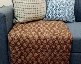 Luxury Valentine's Day Gift, Handmade Block Print Cotton Throw Blanket, Lightweight Woven Sofa Blanket with Tassels, Boho Home & Room Décor