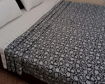 Handmade Kantha Bedcover Bedding Quilt Hand Block Floral Design Handblock Floral Print Kantha Throw Quilt Light Weight Block print quilt