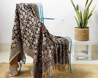Hand Block Print Cotton Throw Blanket, Tasseled Hand Loomed Decor