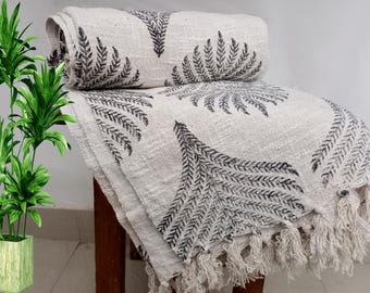 Luxury Valentine's Day Gift Sofa Throw Handmade Cotton Blanket, Hand Block Print with Tassels, Handloomed Lightweight Throw Home Decor