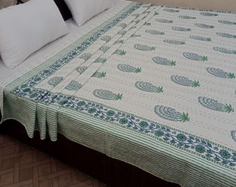 Handmade Kantha Bedcover Bedding Quilt Hand Block Floral Design Handblock Floral Print Kantha Throw Quilt Light Weight Block print quilt