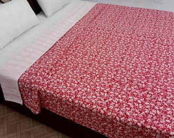 Floral Kantha Quilt Handmade Kantha Bedcover, Hand Block Floral Print Quilt Lightweight Kantha Throw, Pure Cotton Bedcover