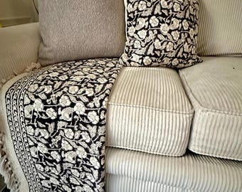 Handmade Throw Block Print Throw Cotton Throw Blanket, Boho Sofa Throw Decor with Tassels Boho Bedspread