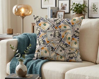 Dollar Print Cushion Cover 18X18 Inches wono Hundred Dollar Bill Farmhouse Cotton Linen Throw Pillow Case Cushion Cover for Sofa Couch