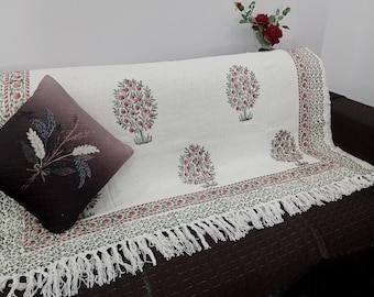 Premium Handmade Sofa Throw, Hand block Print Soft Cotton Blanket Room Décor Tassels Hand Loomed Lightweight Decorative Boho Bedding throw