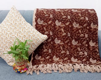 Premium Handmade Sofa Throw, Handblock Print Cotton Blanket, Lightweight Decorative Throw with Tassels, Hand Loomed for Sofa & Room Décor