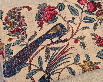 Indian Peacock Kantha Bedding Hand Block Bird Print Kantha Throw Queen Quilt Cotton Light Weight colorful handblock quilts and blankets