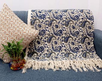 Premium Handmade Sofa Throw, Hand block Print Soft Cotton Blanket Room Décor Tassels Hand Loomed Lightweight Decorative Boho Bedding throw