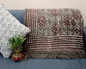 Premium Sofa Handmade Throw Hand block Print Throw Soft Boho Cotton Blanket Sofa Room Décor Tassels Hand Loomed Lightweight Decorative throw