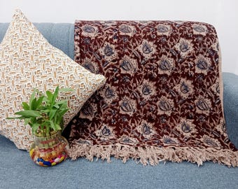 Premium Handmade Sofa Throw, Handblock Print Cotton Blanket, Lightweight Decorative Throw with Tassels, Hand Loomed for Sofa & Room Décor