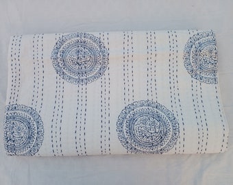 Indian Kantha Quilt Queen Size | Cotton Floral Kantha Bedspread | Handmade Patchwork Quilt Blanket | Block Print Throw Valentine’s Day Gift