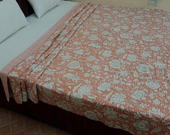 Kantha Bedcover Bedding Quilt Hand Block Floral Design Handblock Floral Print Kantha Throw Quilt Light Weight Block Print Quilted