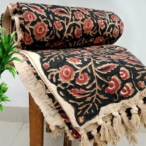 Premium Handmade Sofa Throw Hand Block Print Soft Cotton Boho Throw Blanket Sofa Room Décor Tassels Hand Loomed Lightweight Decorative throw