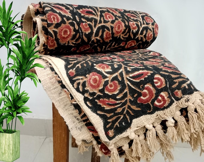 Featured listing image: Premium Handmade Sofa Throw Hand Block Print Soft Cotton Boho Throw Blanket Sofa Room Décor Tassels Hand Loomed Lightweight Decorative throw