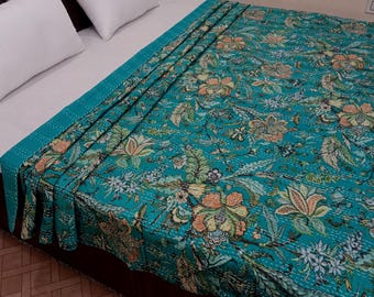 Handmade Kantha Bedcover Quilts For Sale, Lightweight Kantha Throw Quilt, Floral Block Print Comforter Bedding designer Housewarming Gift