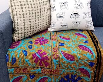 Premium Handmade Sofa Throw, Hand block Print Soft Cotton Blanket Room Décor Tassels Hand Loomed Lightweight Decorative Boho Bedding throw