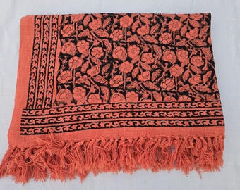 Coral Color Throw Block Print Throw Cotton Throw Blanket Boho Tassels Throw Blanket Hand Loomed Bedding Décor