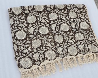 Brown Sofa Handmade Throw Hand block Print Throw Soft Boho Cotton Blanket Sofa Room Décor Tassels Hand Loomed Lightweight Decorative throw