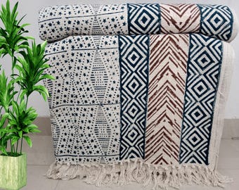Premium Sofa Room Décor Throw Hand block Print Cotton Boho Blanket Tassels Hand Loomed Lightweight Decorative Throw, Eco Friendly Blankets