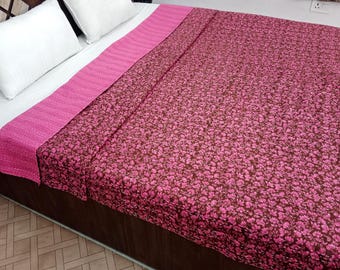 Kantha Bedcover Bedding Quilt Hand Block Floral Design Handblock Floral Print Kantha Throw Quilt Light Weight Block Print Quilted