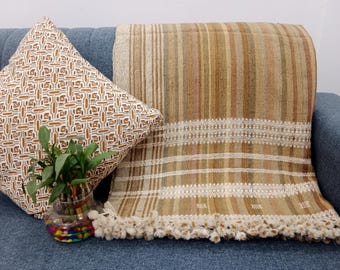 Handwoven Indian Wool Throw Blanket, Geometric Stripes, Cottage Decor