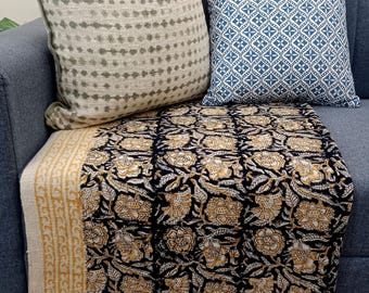 Luxury Valentine's Day Gift | Handmade Block Print Cotton Throw | Lightweight Woven Sofa Blanket with Tassels | Boho Chic Home & Room Décor