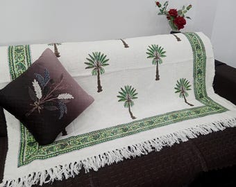 Premium Handmade Sofa Throw, Hand block Print Soft Cotton Blanket Room Décor Tassels Hand Loomed Lightweight Decorative Boho Bedding throw